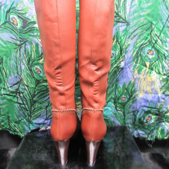 Vintage Look Cognac Sheepskin + PU Leather Lace Up Stacked Heel Knee High Boots - Picture 7 of 15